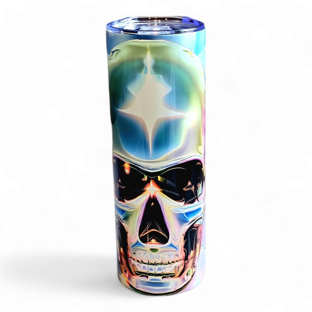 Iridescent Skull Tumbler Tron 3D 20oz Stainless Steel Cup Holographic Chrome